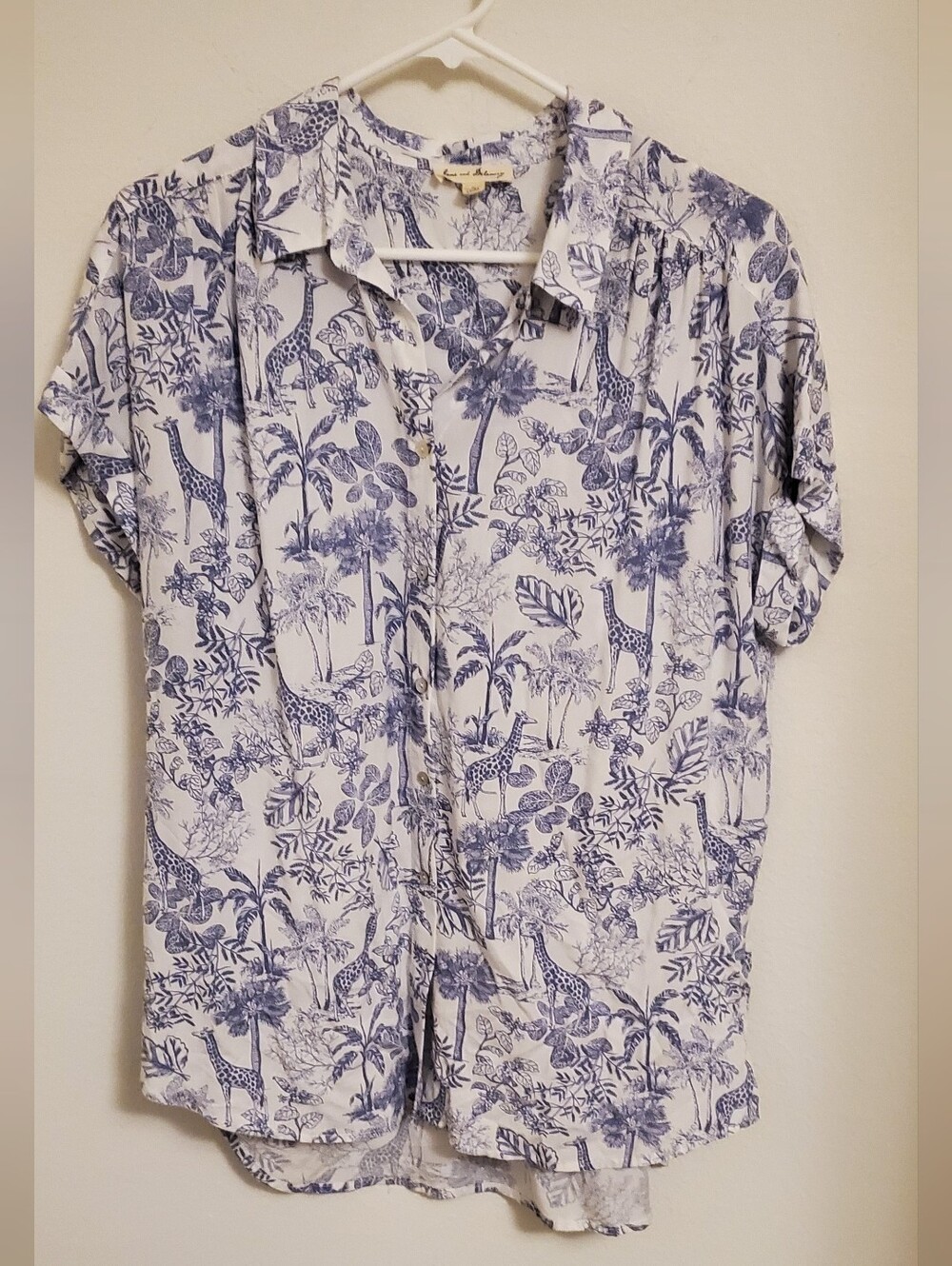 Jane and Delancey White Shirt with Blue Tropical Safari Giraffe Novelty Print
